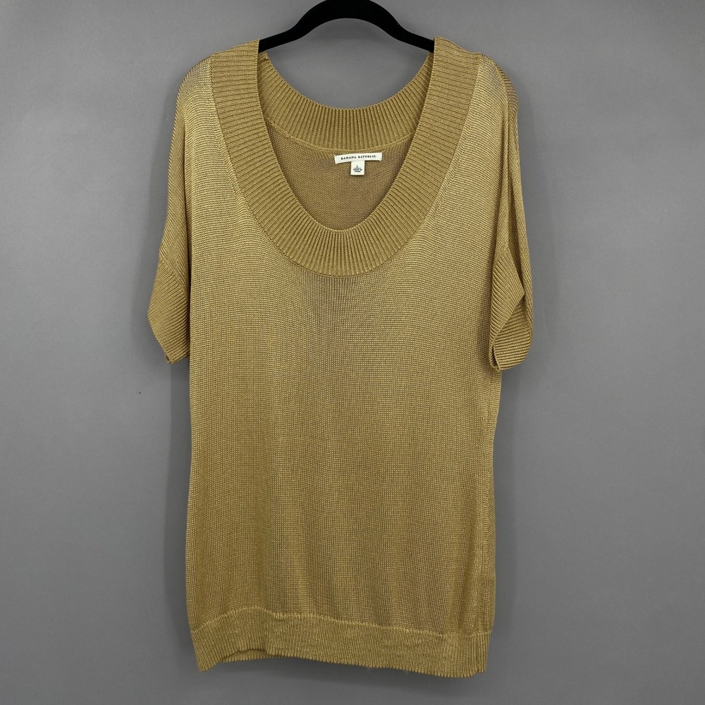 Y2K Banana Republic Metallic Knit Top Womens L Gold Scoop Neck Dolman Sleeve
